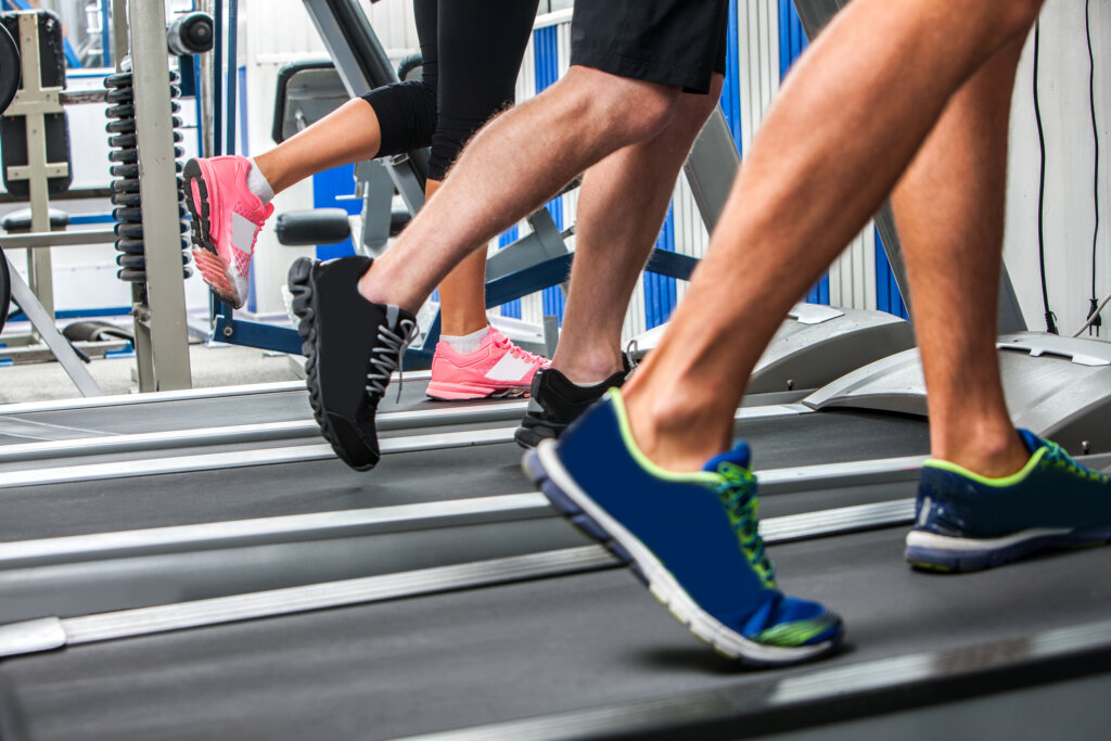 Group of legs wearing sneakers running on treadmill at sport gym.